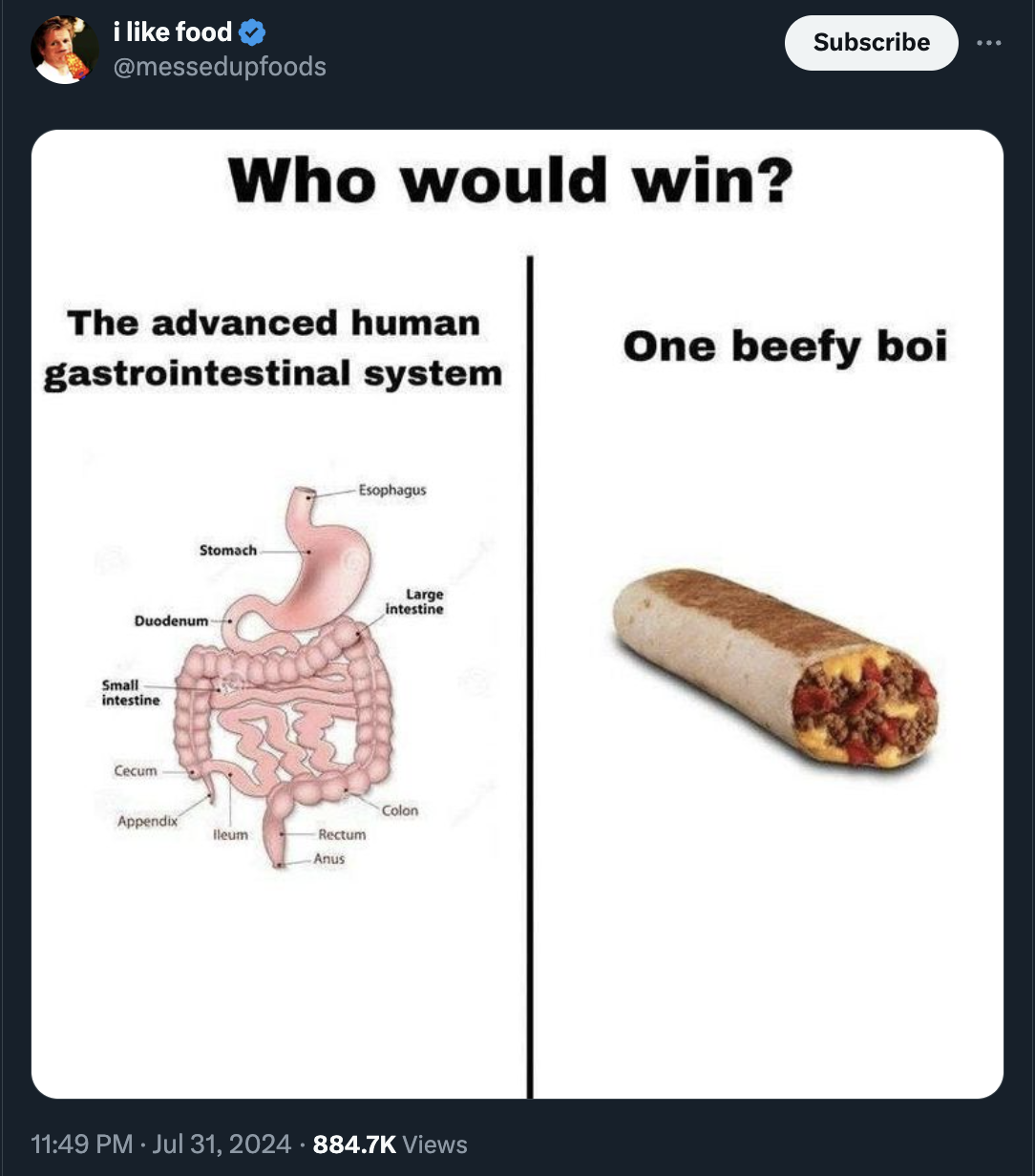 small intestine memes - i food Who would win? Subscribe The advanced human gastrointestinal system One beefy boi Small Duodenum Stomach Large Colos Appinda Recum Au Views